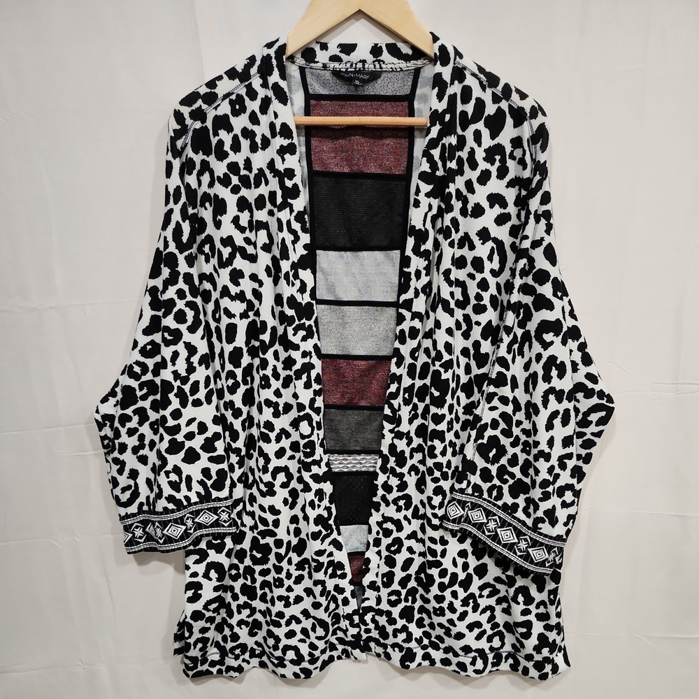 John Mark Size Large Long Open Front Black White‎ Leopard Kimono Cardigan Unique
